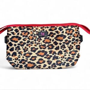 TAYLOR GRAY neoprene travel bag. Leopard print, top zip, inside pocket.
